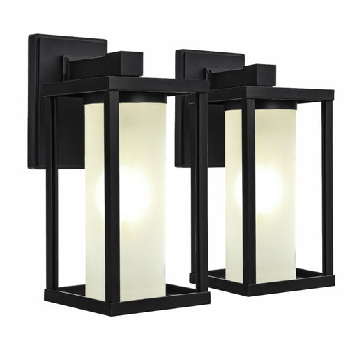 Valencia geometric exterior wall sconces with frosted glass cylinders, matte black, IP44, pack of 2