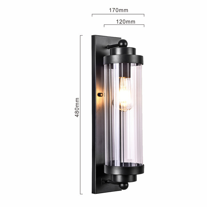 Milan industrial exterior wall sconce with ribbed glass cylinder, matte black, IP54