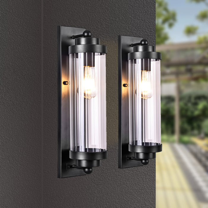 Milan industrial exterior wall sconce with ribbed glass cylinder, matte black, IP54