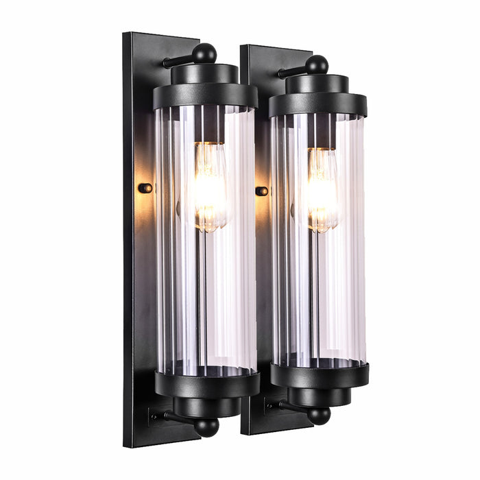 Milan industrial exterior wall sconces with ribbed glass cylinders, matte black, IP54, pack of 2