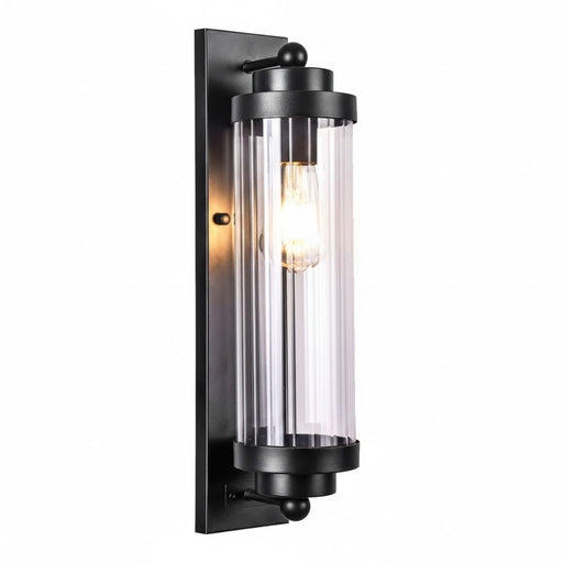Milan industrial exterior wall sconce with ribbed glass cylinder, matte black, IP54
