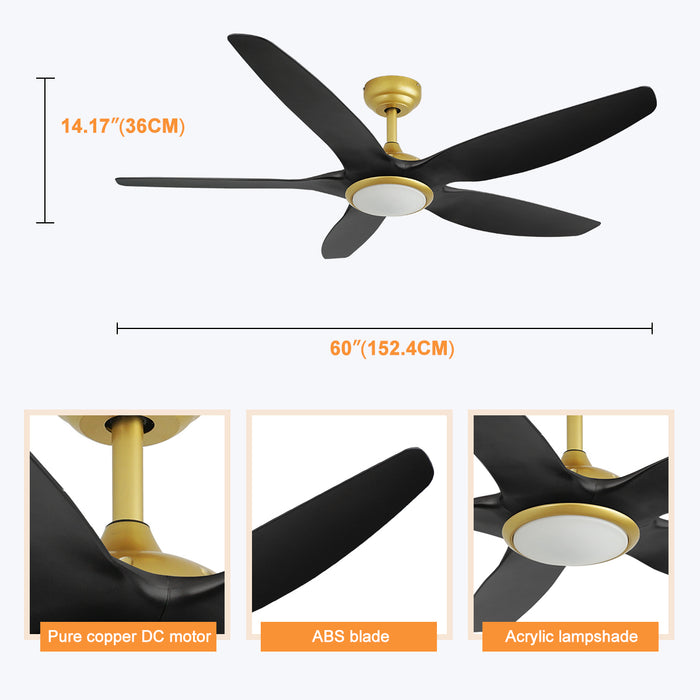 60'' Ceiling Fan DC Motor With LED Light Remote Control Timer