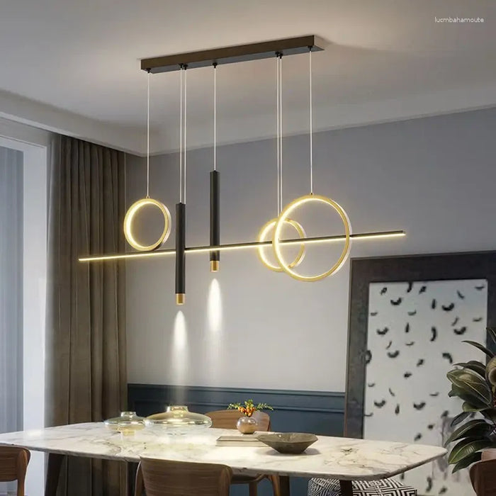 Vega 5-Light Geometric LED Pendant – Tri-Colour Linear Chandelier 110cm