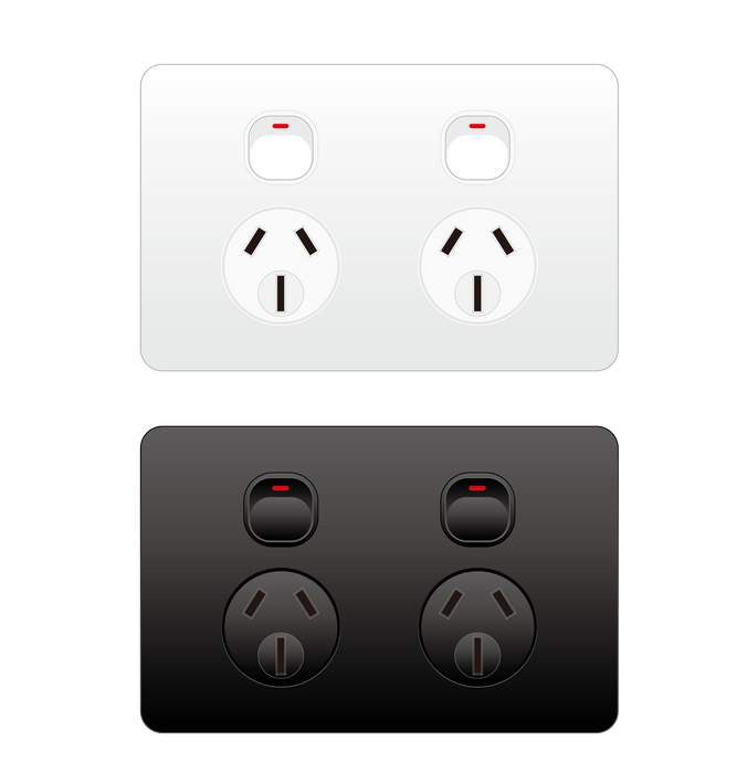 10A Double GPO Acrylic Wall Socket – Slimline Design in Black or White