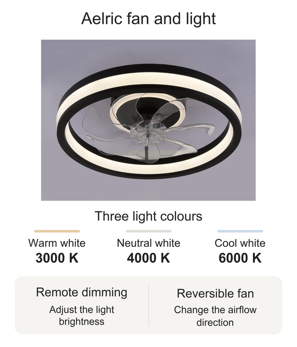 Aelric ceiling fan and light with 3000 K, 4000 K and 6000 K light options, remote dimming and reversible fan operation.