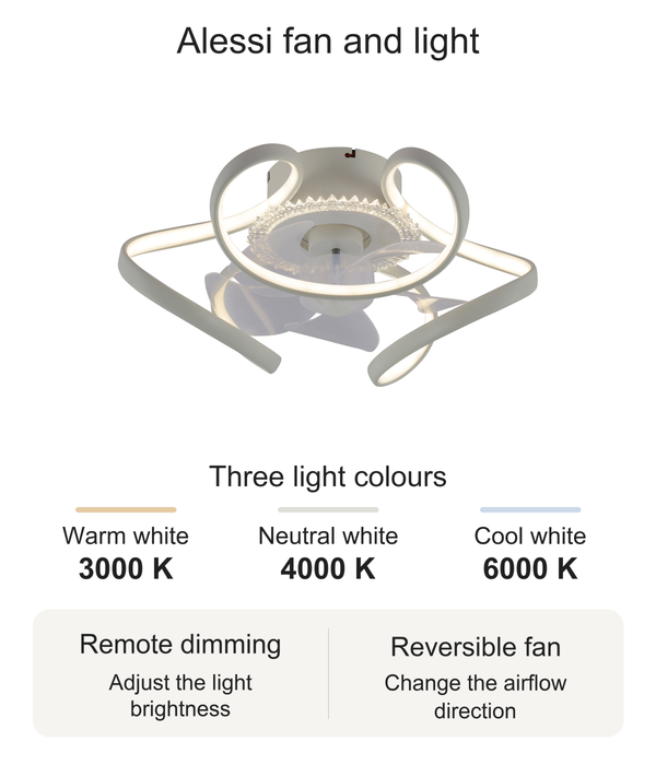 Alessi ceiling fan and light with 3000 K, 4000 K and 6000 K light options, remote dimming and reversible fan operation.
