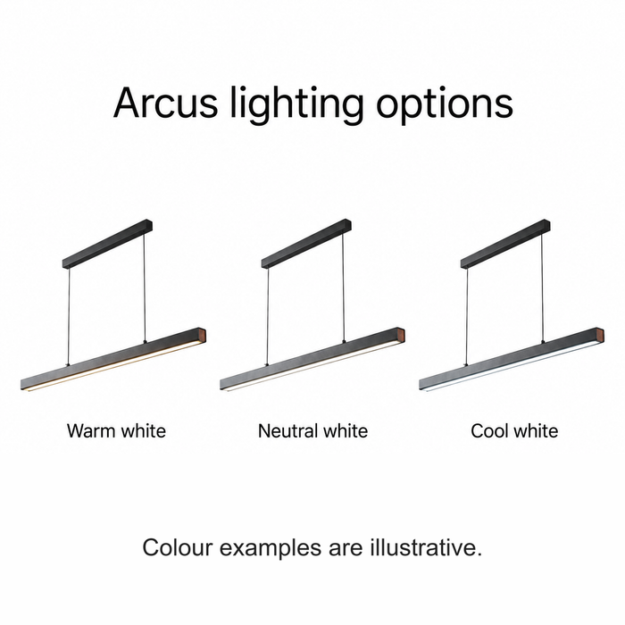 Arcus light showing illustrative warm, neutral and cool white settings.