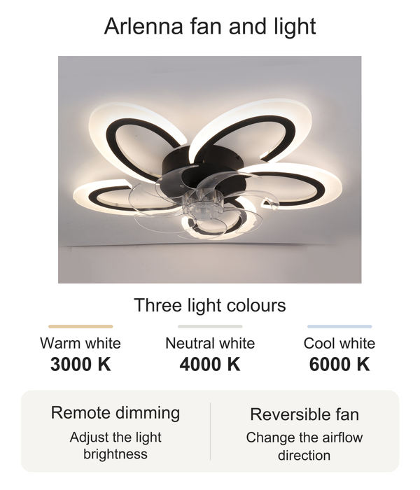 Arlenna ceiling fan and light with 3000 K, 4000 K and 6000 K light options, remote dimming and reversible fan operation.