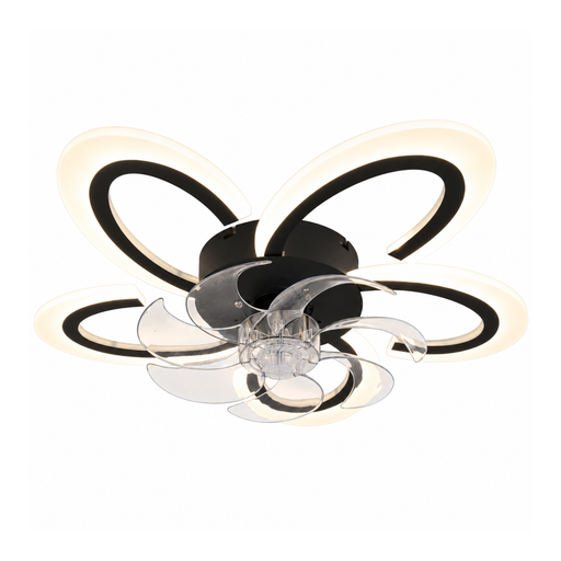 Arlenna black ceiling fan light with five petal shaped light loops and transparent fan blades on a white background.