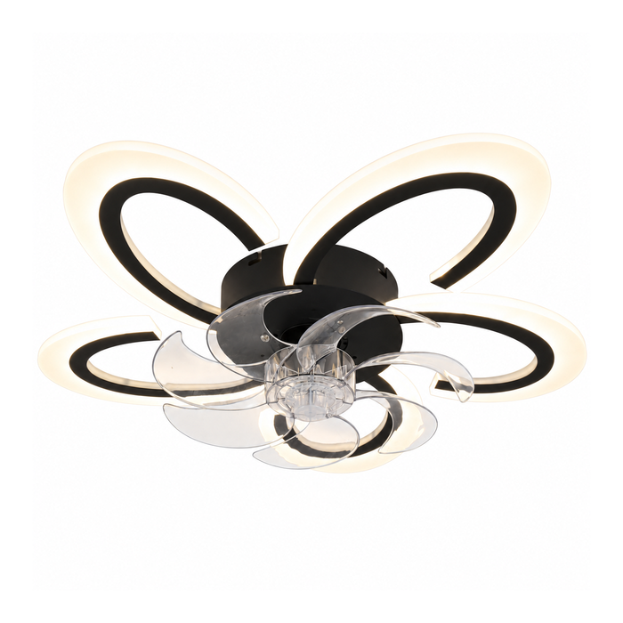 Arlenna black ceiling fan light with five petal shaped light loops and transparent fan blades on a white background.
