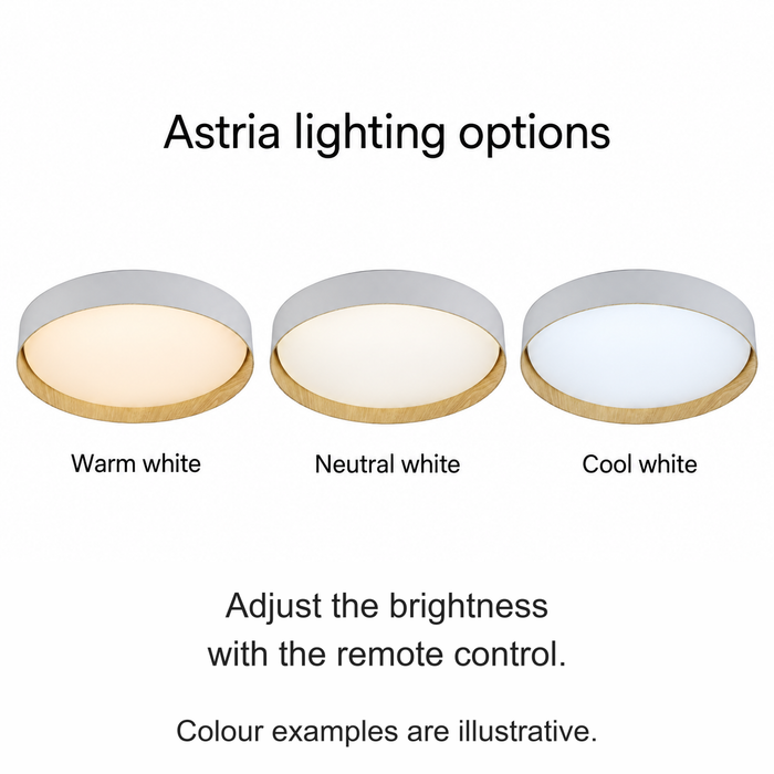 Astria light showing illustrative warm, neutral and cool white settings.