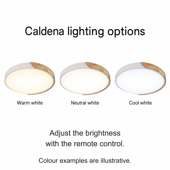 Caldena light showing illustrative warm, neutral and cool white settings.