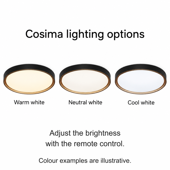 Cosima light showing illustrative warm, neutral and cool white settings.