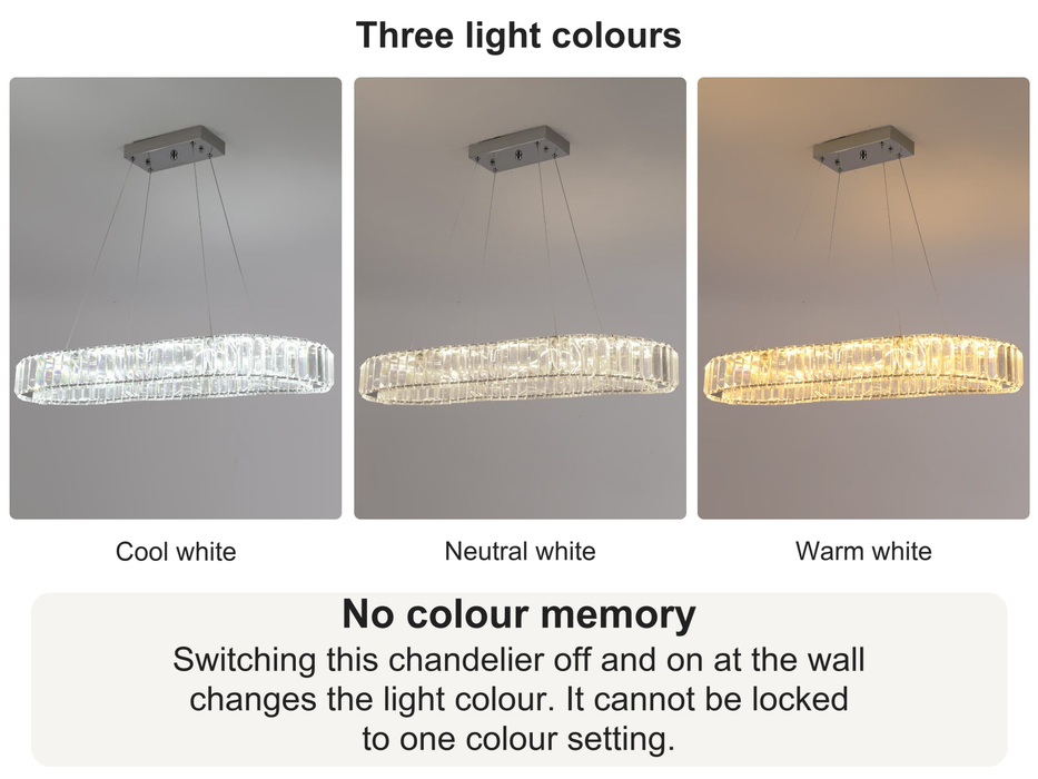 Crystal Wave chandelier showing cool, neutral and warm white light. Switching it off and on changes the colour; it has no colour memory.