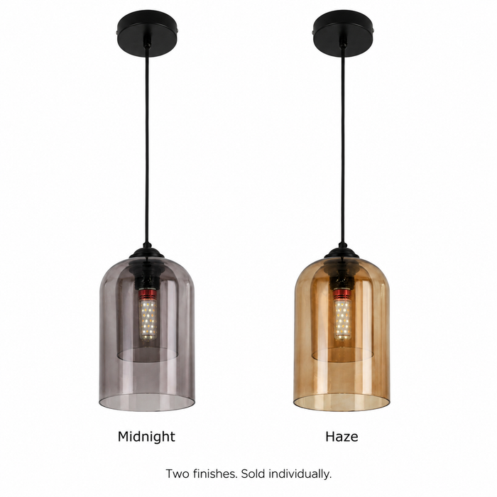 Ember pendant colour options: Midnight smoked glass and Haze amber glass. Sold individually.
