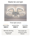 Maelis ceiling fan and light with 3000 K, 4000 K and 6000 K light options, remote dimming and reversible fan operation.