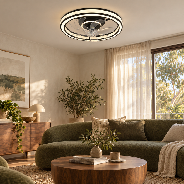 Room illustration of the Windora Nyla black ceiling fan in a small living room