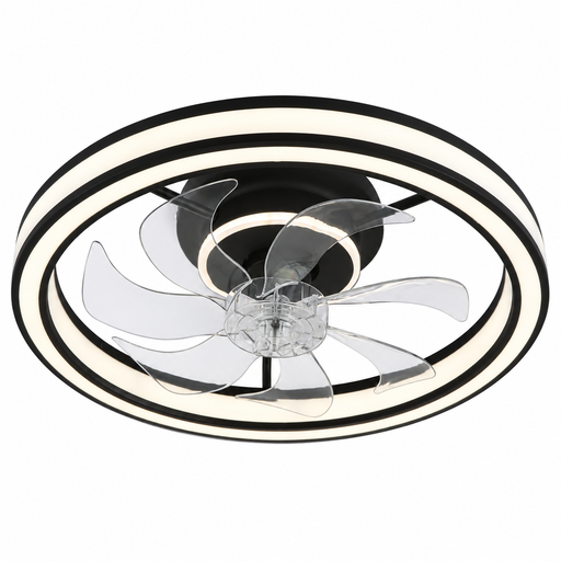 Windora Nyla 48cm black ceiling fan with clear blades and circular LED light on a white background