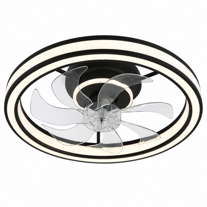 Windora Nyla 48cm black ceiling fan with clear blades and circular LED light on a white background