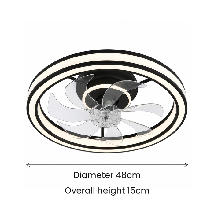 Windora Nyla black ceiling fan dimensions: 48cm diameter and 15cm overall height