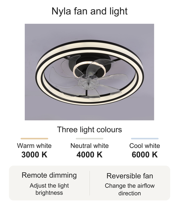Nyla ceiling fan and light with 3000 K, 4000 K and 6000 K light options, remote dimming and reversible fan operation.