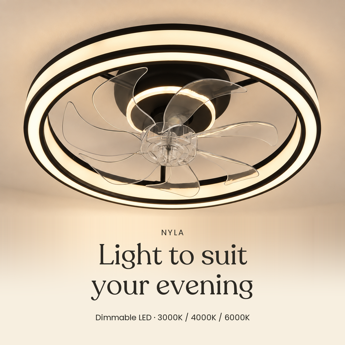 Nyla dimmable LED fan light with 3000K, 4000K and 6000K light colours