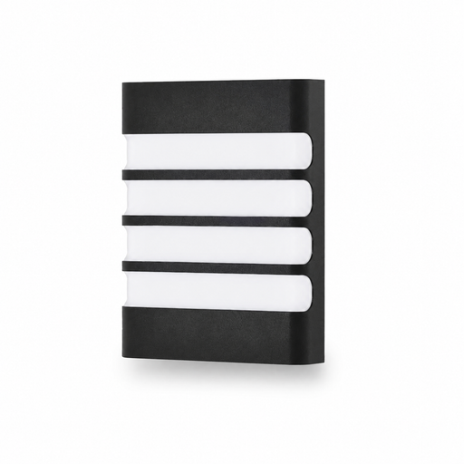 Varo Louvered black wall light, single fitting on a white background.