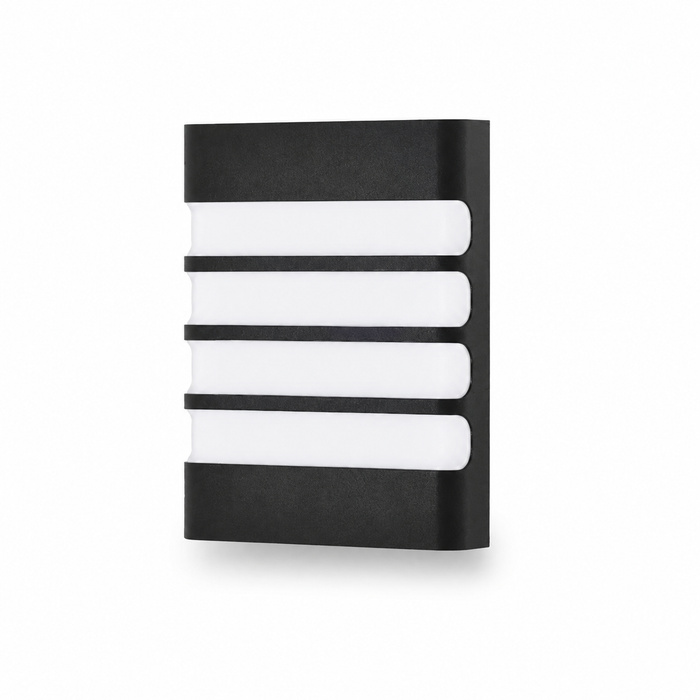 Varo Louvered black wall light, single fitting on a white background.